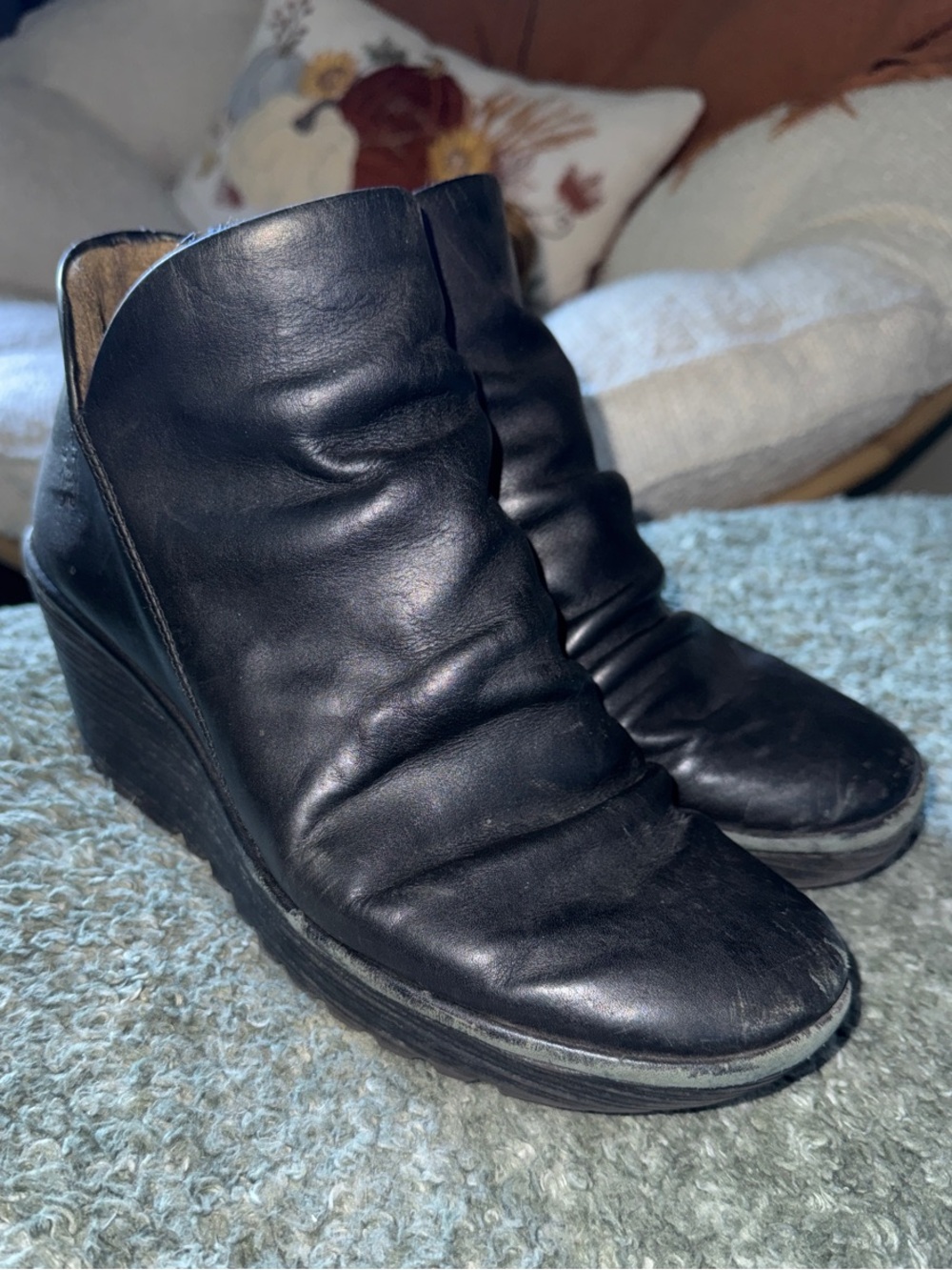 Fly London Black Leather Wedge Ankle Booties